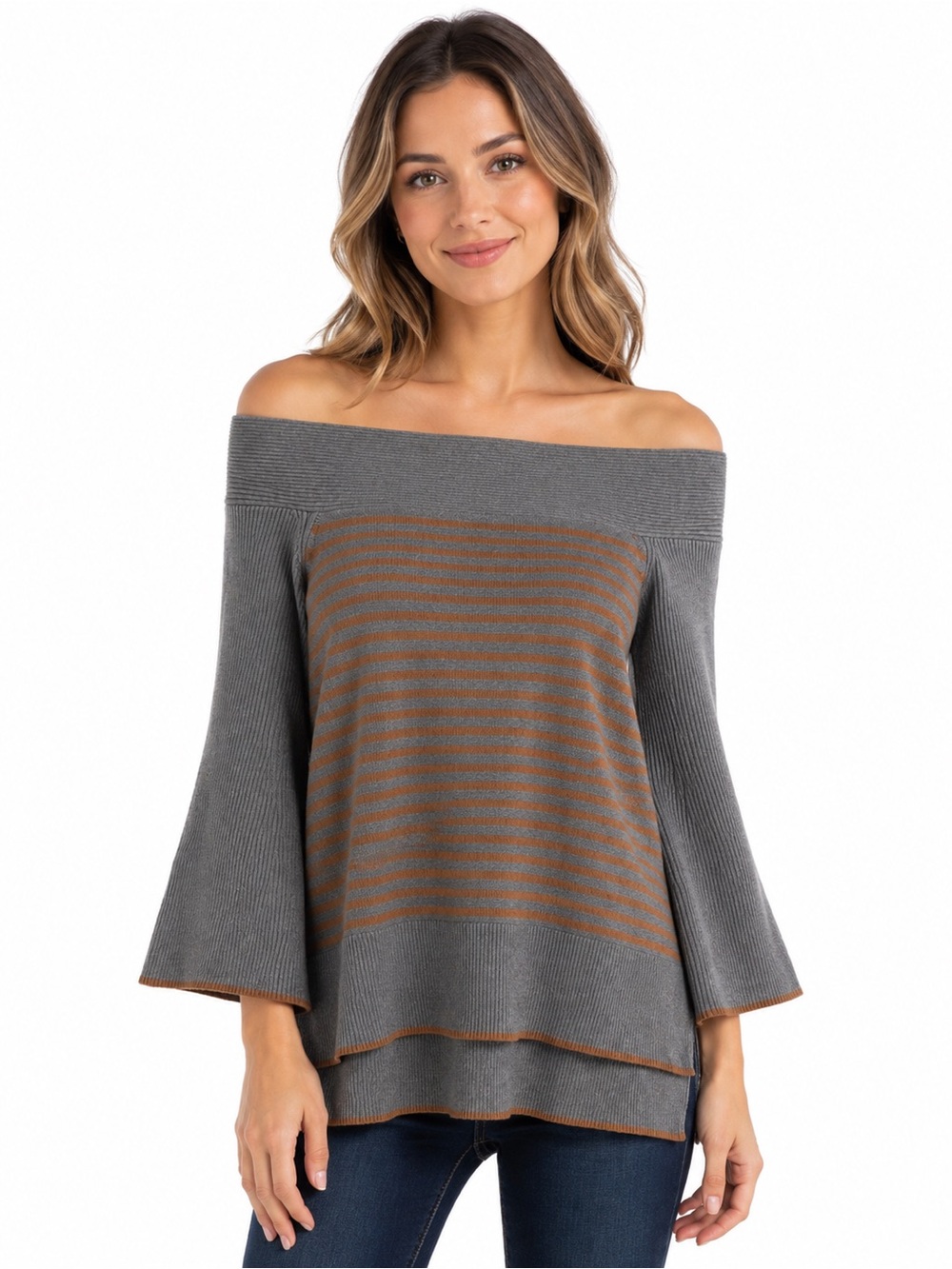 Anthropologie Gray Striped ELISE Off The Shoulder Sweater Size S NWT’S